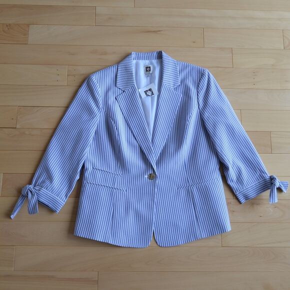 NWT Anne Klein Blazer Suit Jacket Blue White Striped Size Large - Picture 1 of 5